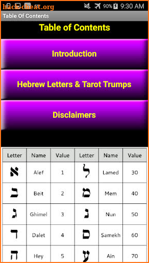 Hebrew Letters and Tarot Trump Correspondences App screenshot