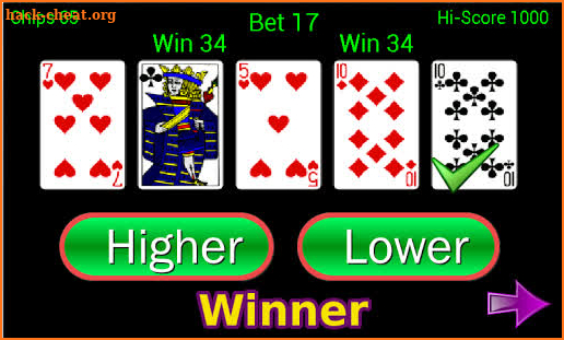 Higher or Lower card game screenshot