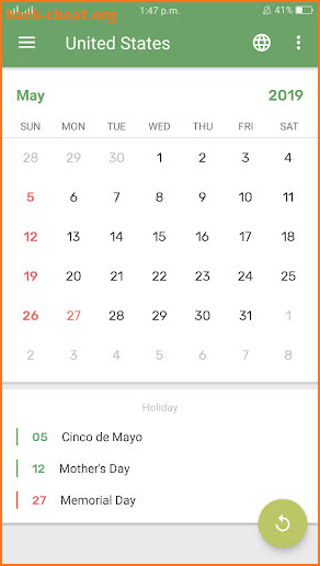 Holiday Calendar 2019 screenshot