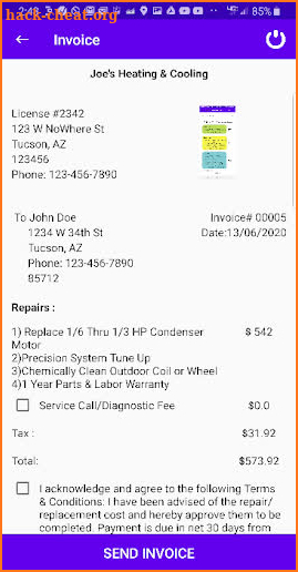 HVAC Flat Rate Menu Pricing & Invoicing App screenshot