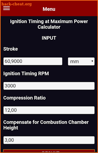 Ignition Timing at Maximum Power Calculator screenshot