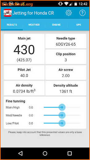 Jetting for Honda CR dirt bike screenshot