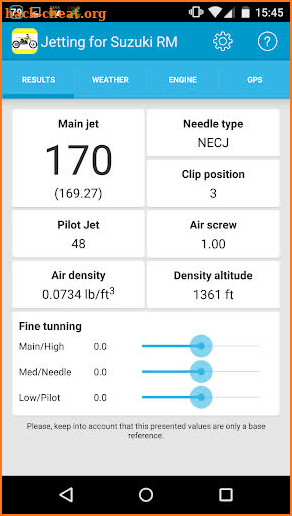 Jetting for Suzuki RM dirtbike screenshot