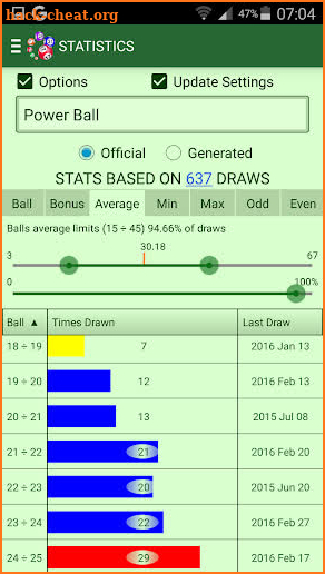 Lottery statistics with generator and results screenshot