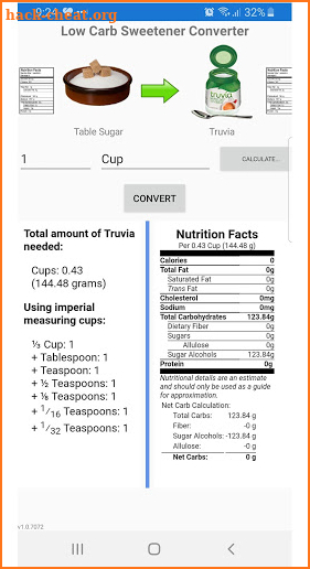 Low Carb Sweetener Conversion Calculator screenshot
