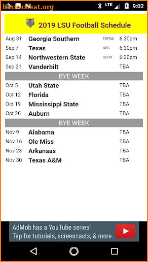 LSU Football Schedule screenshot