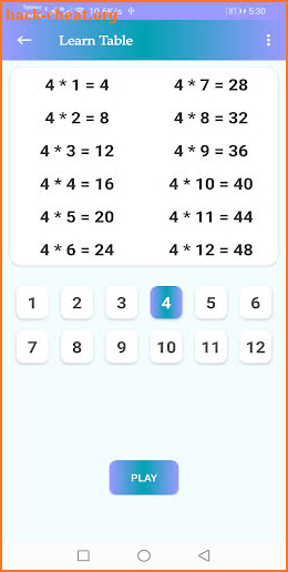 Multiplication table and quiz screenshot