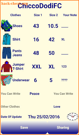 My family's clothes sizes screenshot