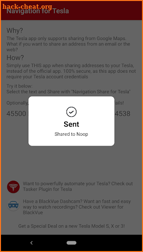 Navigation Share for Tesla screenshot
