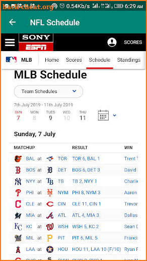 NFL , NBA , and others sports schedule screenshot