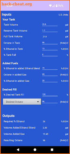 Octane and Ethanol Calculator screenshot