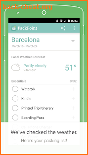 PackPoint travel packing list screenshot