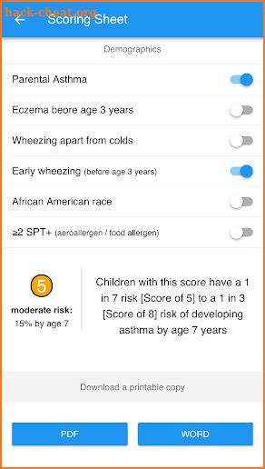 Pediatric Asthma Risk Score (PARS) screenshot