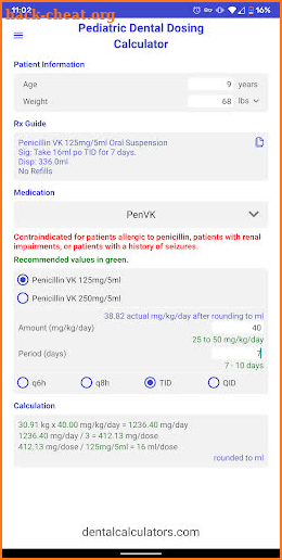 Pediatric Dental Dosing Calculator screenshot
