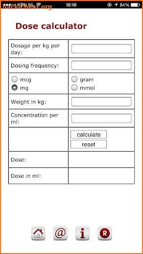 Pediatric dose calculator screenshot