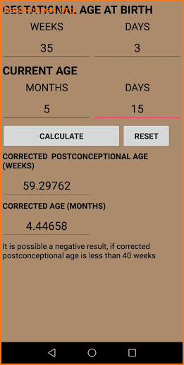 Preterm Corrected Age Calculator screenshot