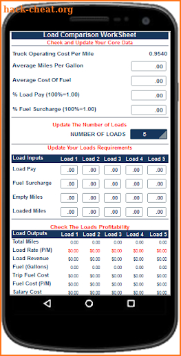 Profit and Loss Spreadsheet (Load Comparison App) screenshot