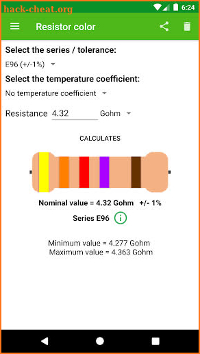 Resistor color calculation screenshot