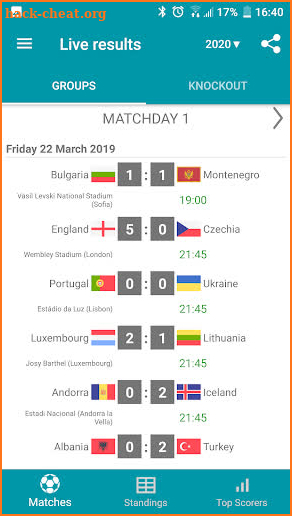 Results for Euro 2020 Qualifiers screenshot