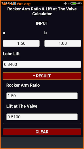 Rocker Arm Ratio and Valve Lift Calculator screenshot