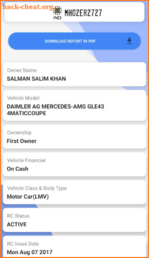 RTO Vehicle Car Owner details screenshot