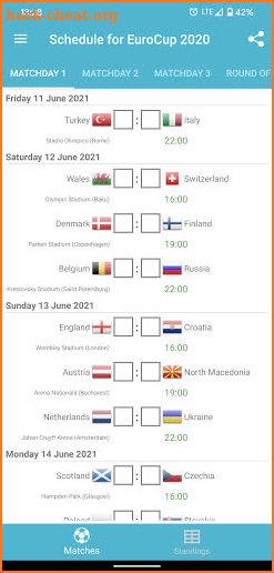 Schedule for EuroCup 2020 (2021) screenshot