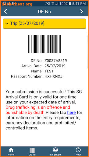 SG Arrival Card screenshot