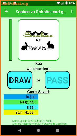 Snakes vs Rabbits card game screenshot