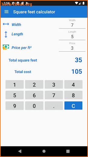 Square feet calculator screenshot