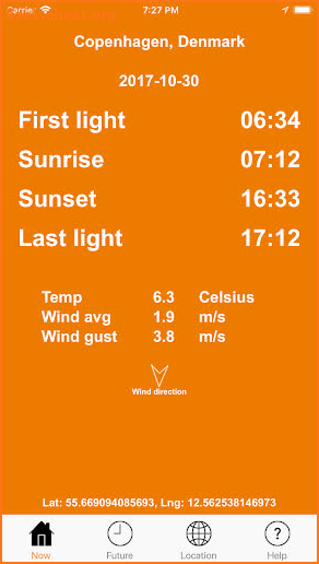 Sunset and Sunrise times for first and last light screenshot
