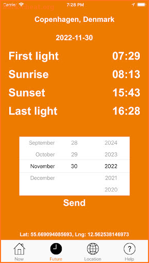 Sunset and Sunrise times for first and last light screenshot