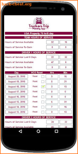 Team Drivers Hours of Service Recap Calculator screenshot