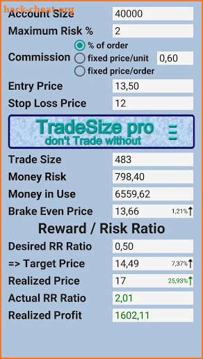 Trade Position Size Calculator screenshot