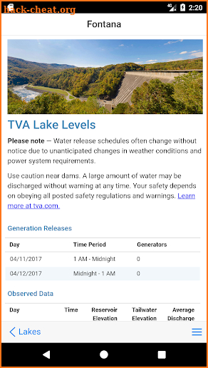 TVA Lake Info screenshot