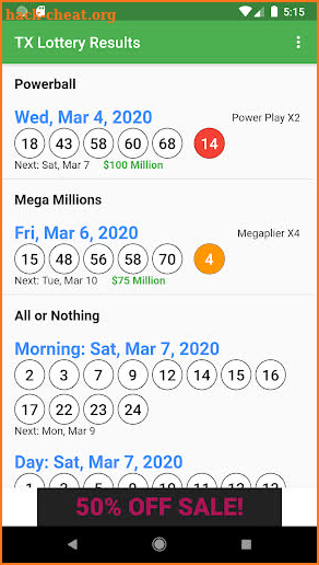 TX Lottery Results screenshot