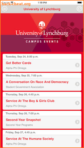 University of Lynchburg Events screenshot