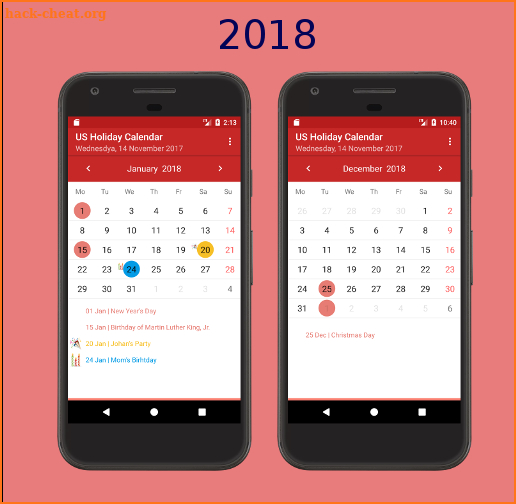 US Holiday Calendar 2018 screenshot