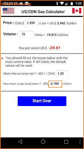 US/CDN Gas Calculator screenshot